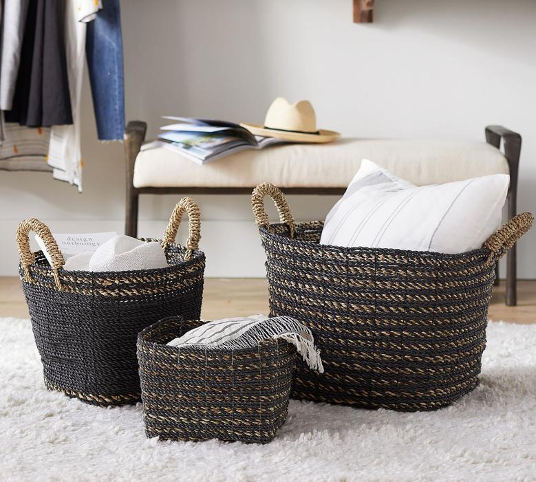 Black Woven Wicker Basket for Laundry and Storage