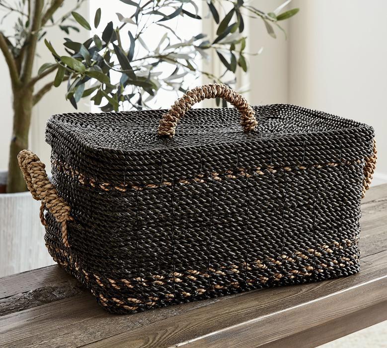 Black Woven Wicker Basket for Laundry and Storage