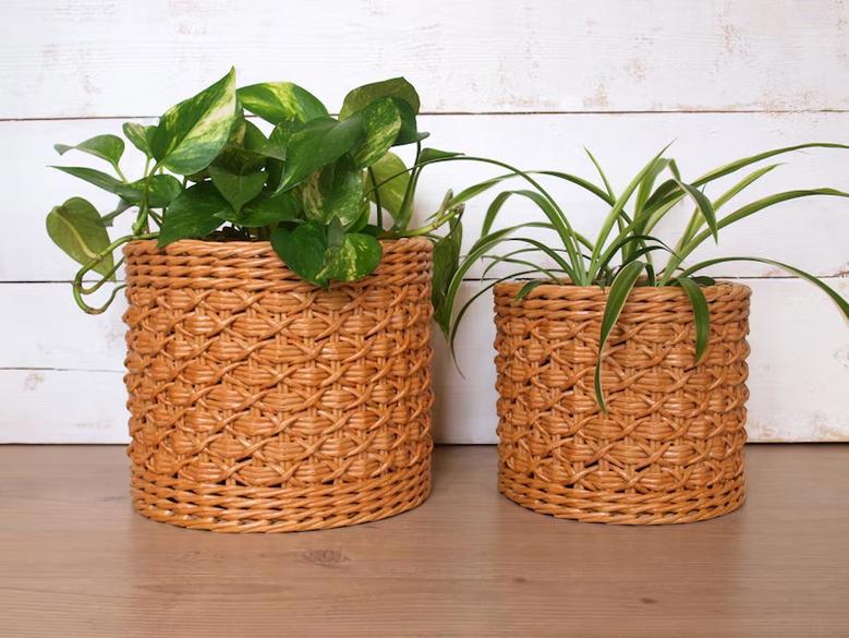 Boho Indoor Wicker Planter Basket - Natural Beige Houseplant Holder