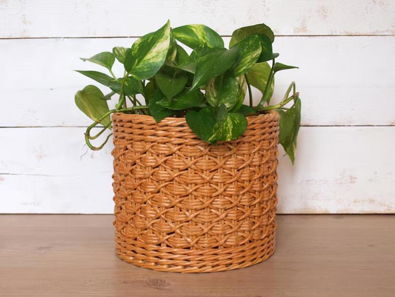 Boho Indoor Wicker Planter Basket - Natural Beige Houseplant Holder