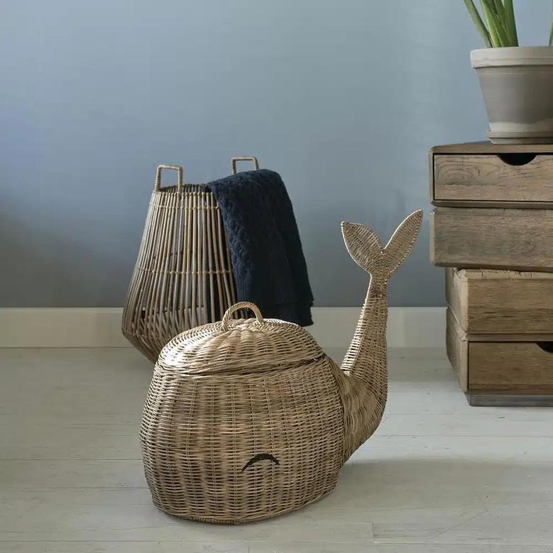 Boho Whale Rattan Basket for Kids Room Storage