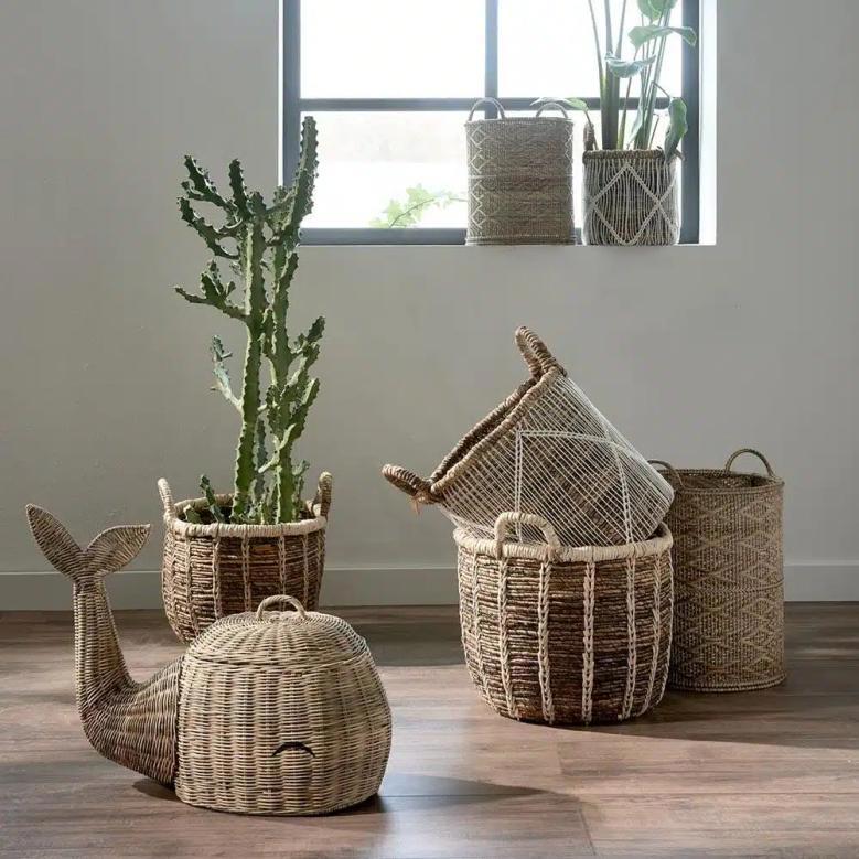 Boho Whale Rattan Basket for Kids Room Storage