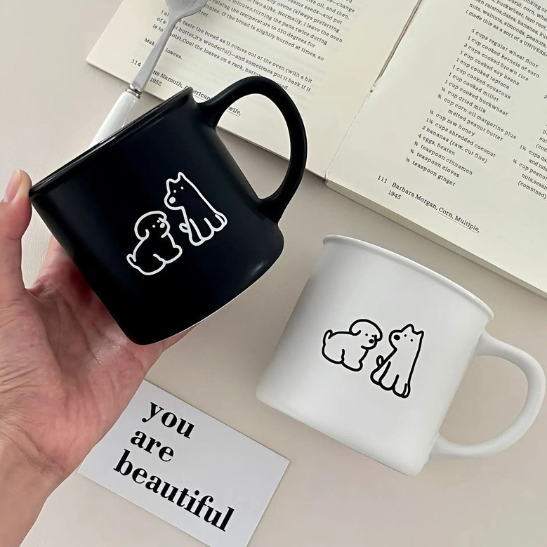 Breakfast Puppy Black and White Ceramic Mug Set with Simple Frosted Line Design