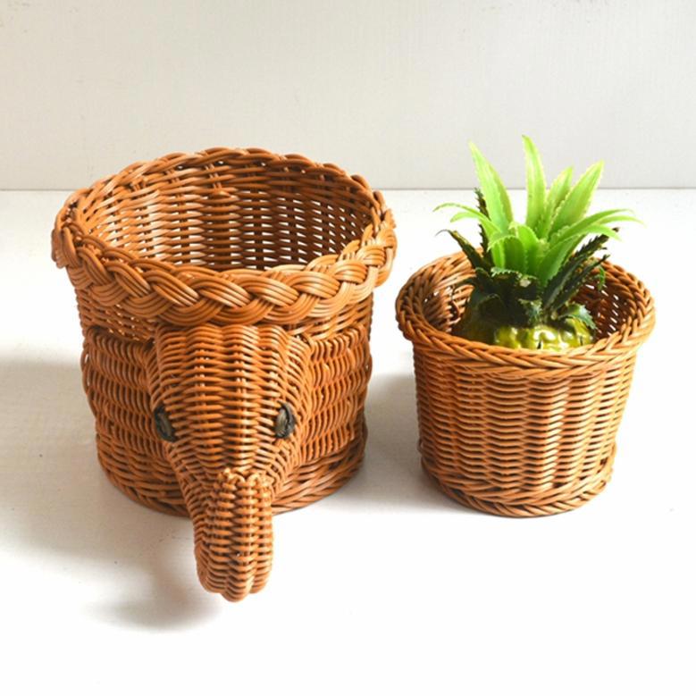 Brown Woven Rattan Elephant Storage Basket