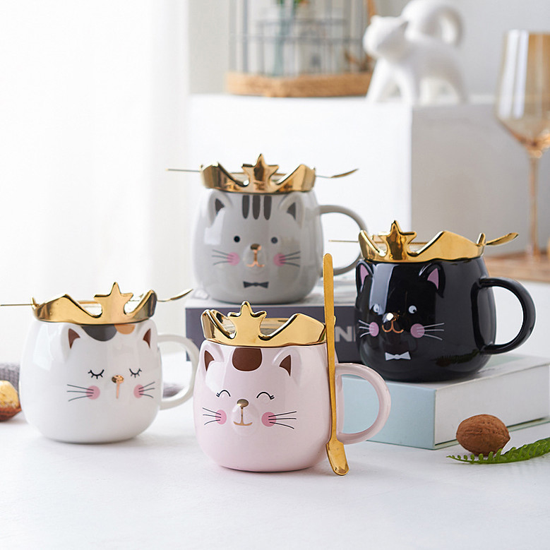 Cute Cat Coffee Mug with Spoon for Women and Girls