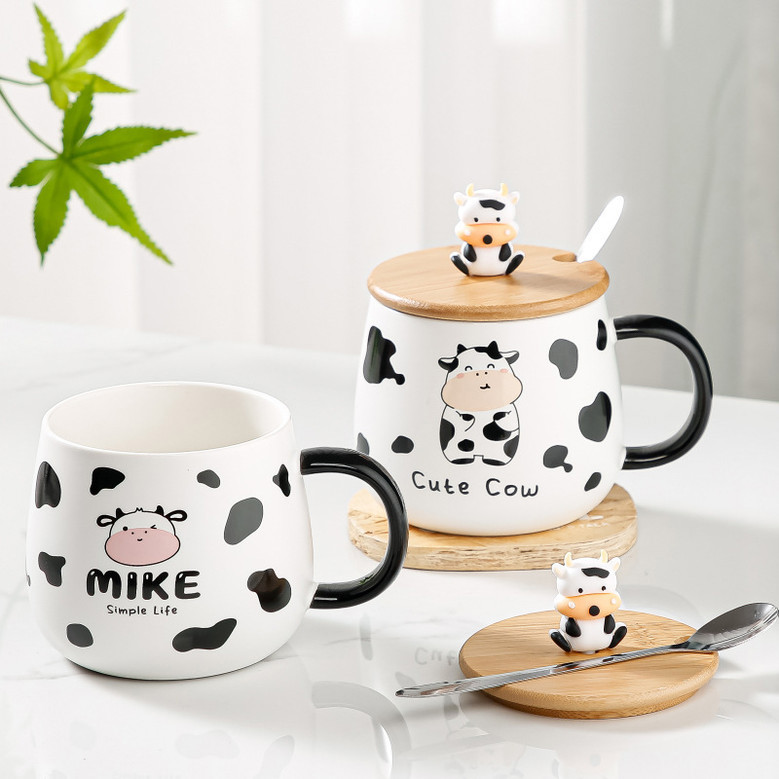 Cute Cow 3D Ceramic Travel Mug with Wooden Lid