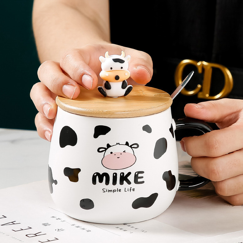 Cute Cow 3D Ceramic Travel Mug with Wooden Lid