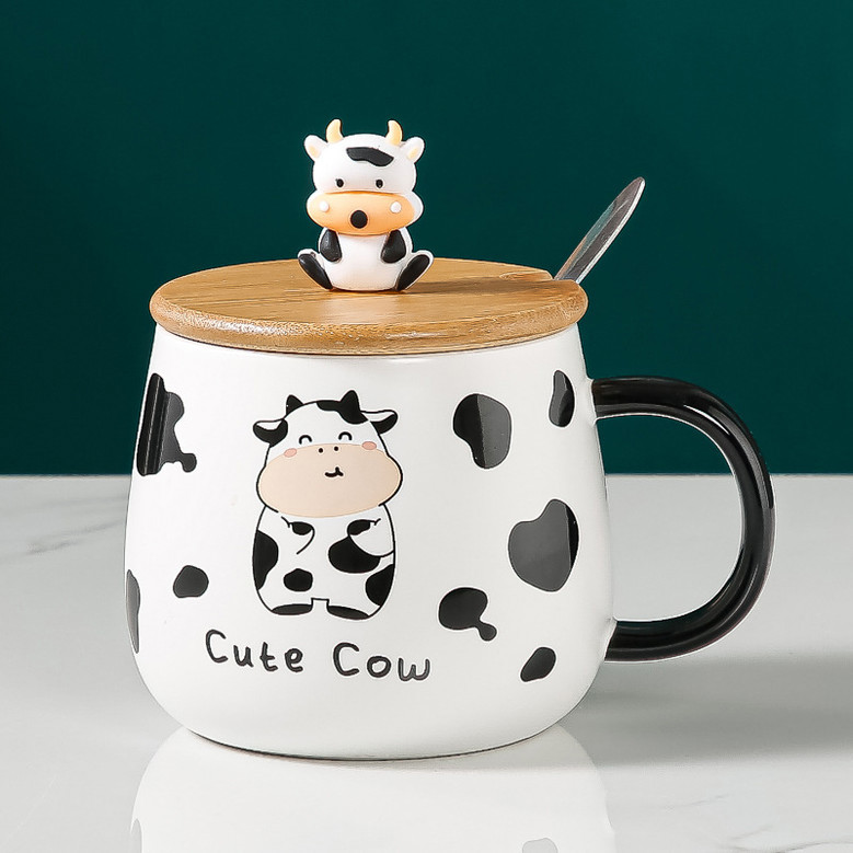 Cute Cow 3D Ceramic Travel Mug with Wooden Lid