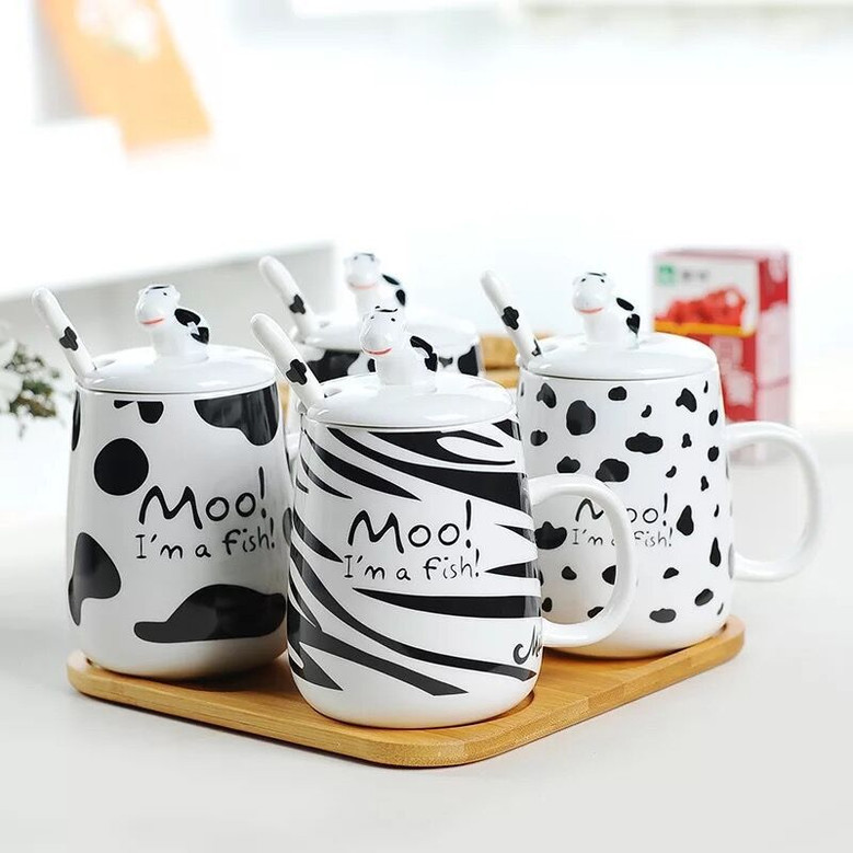 Cute Cow Pattern Ceramic Coffee Mug with Lid and Spoon