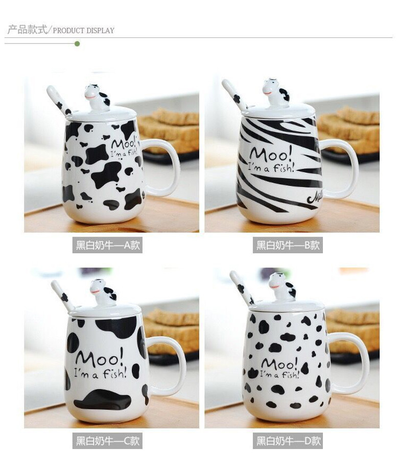 Cute Cow Pattern Ceramic Coffee Mug with Lid and Spoon