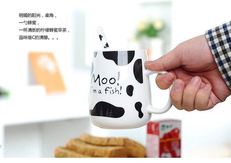 Cute Cow Pattern Ceramic Coffee Mug with Lid and Spoon