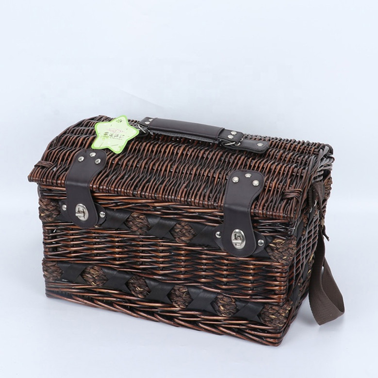 Dark Brown Wicker Picnic Basket Set for 2 People