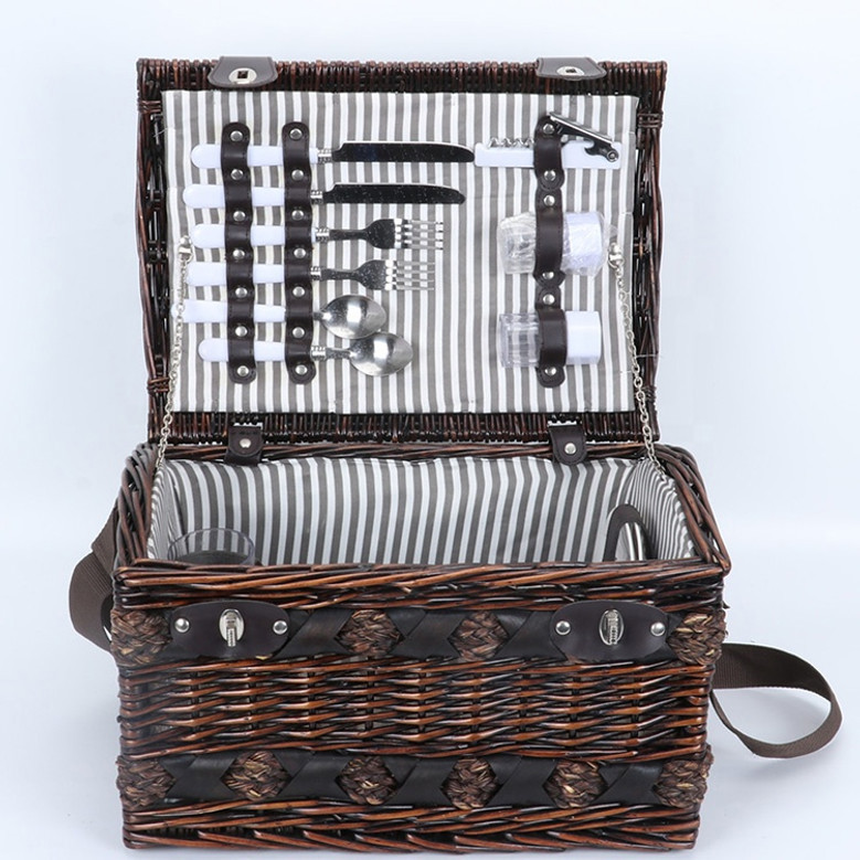 Dark Brown Wicker Picnic Basket Set for 2 People