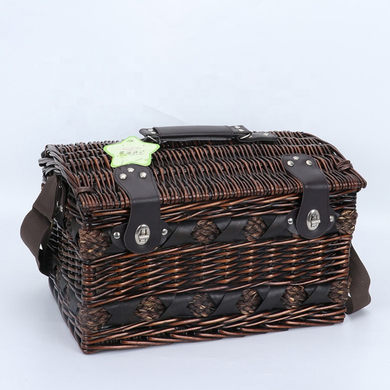 Dark Brown Wicker Picnic Basket Set for 2 People