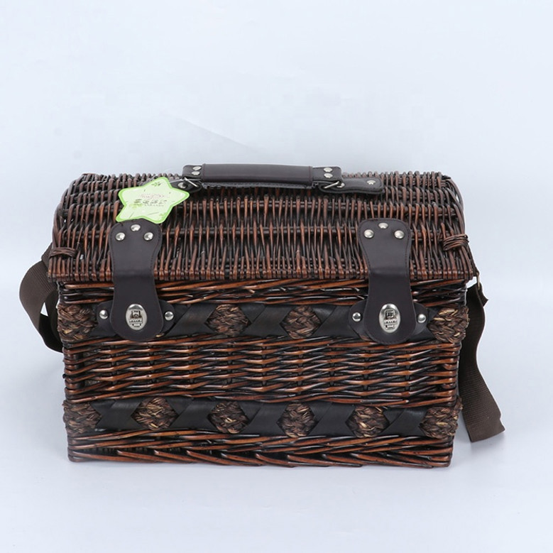 Dark Brown Wicker Picnic Basket Set for 2 People