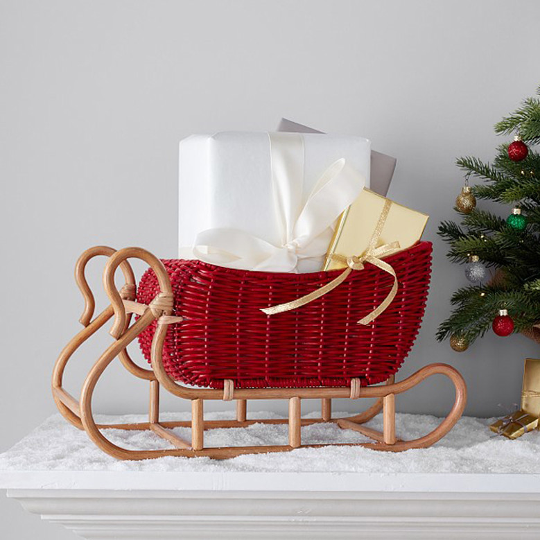 Decorative Red Rattan Sleigh Basket for Christmas Gifts