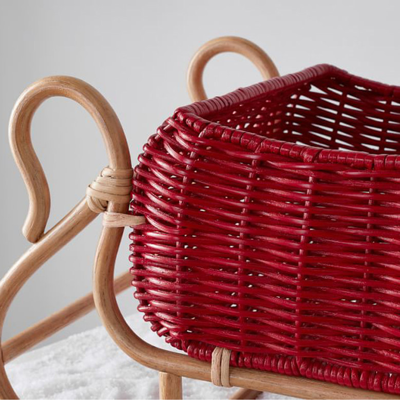 Decorative Red Rattan Sleigh Basket for Christmas Gifts