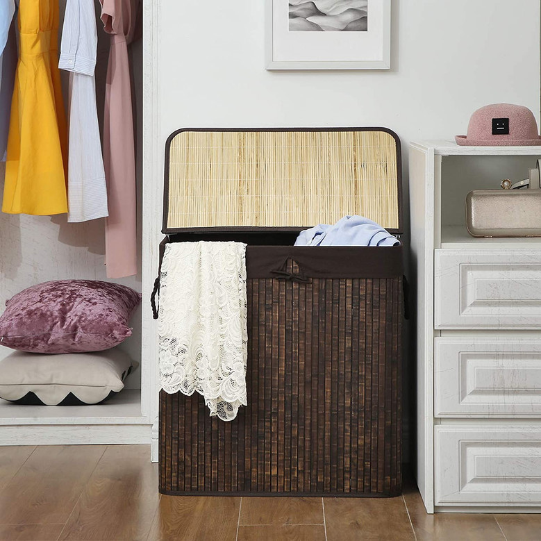 Divided Bamboo Laundry Basket with Cotton Handles