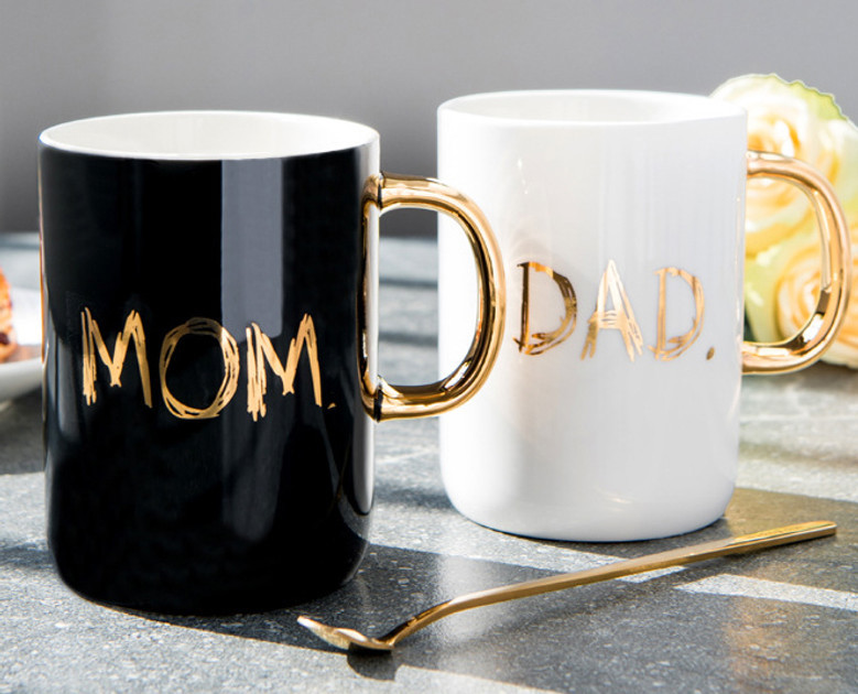 Gift Box Black and White Ceramic Mug Set with Lid and Spoons | Mum Mugs | Dad Mugs