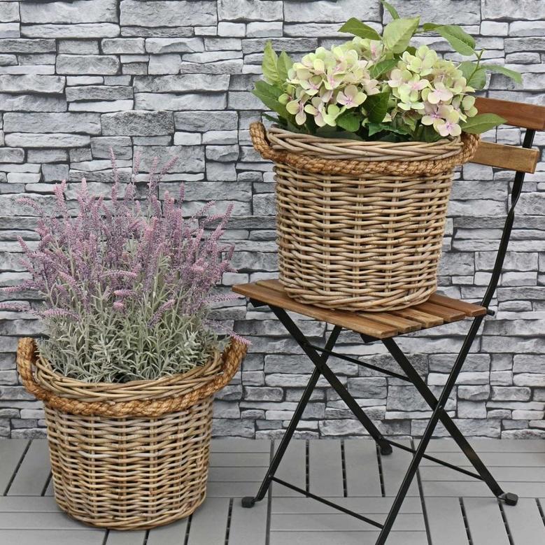 Grey Rattan Wicker Planter Basket with Handle