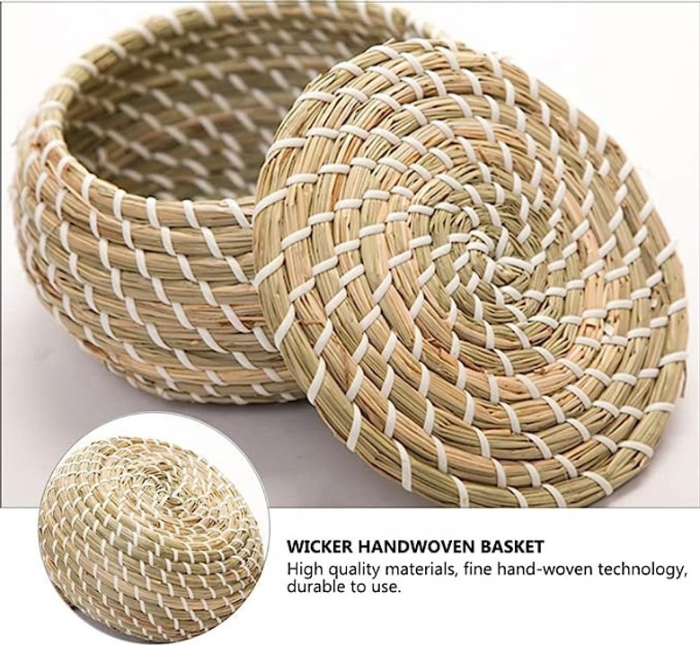 Hand Woven Straw Small Round Wicker Basket With Lid for Home Organization