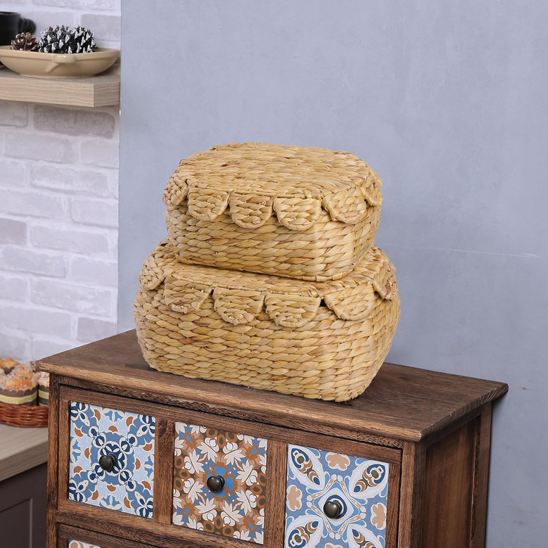 Handcrafted Wicker Storage Baskets with Lids - Set of 2