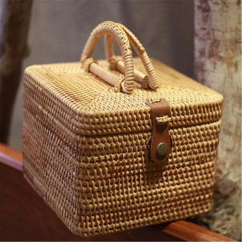 Handmade Square Rattan Storage Basket with Lid