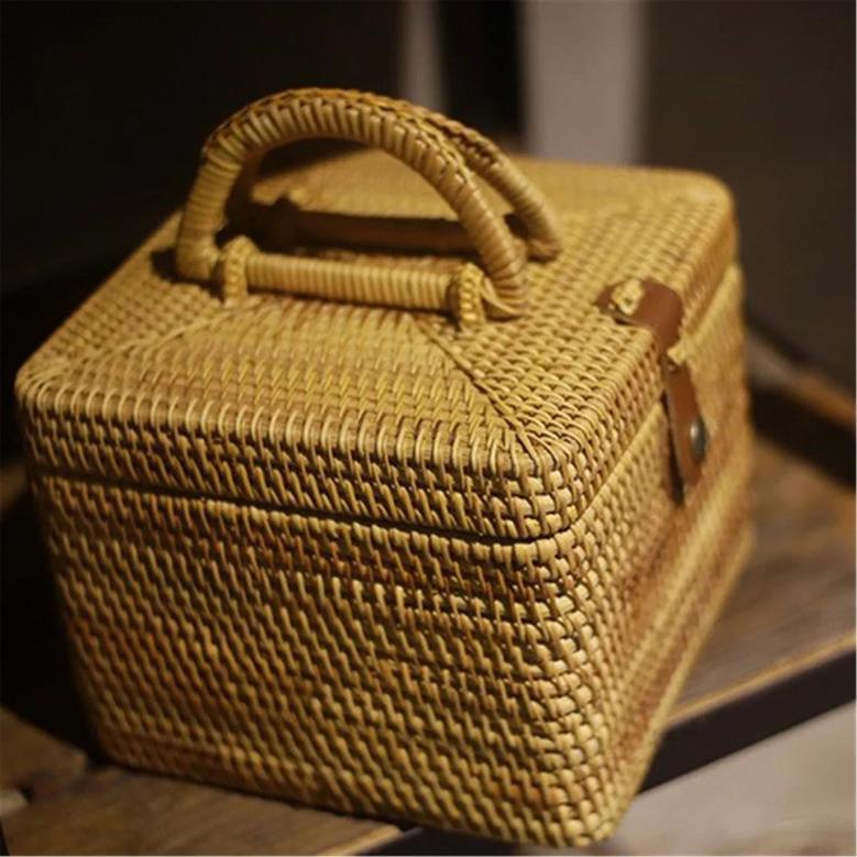 Handmade Square Rattan Storage Basket with Lid