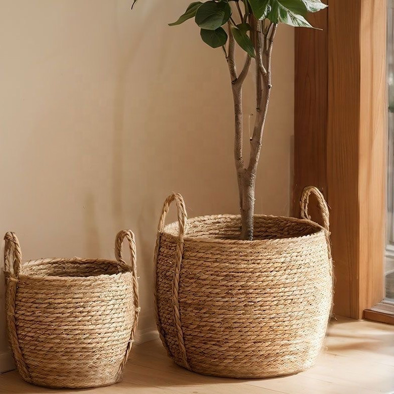 Handmade Woven Seagrass Basket with Handles for Home