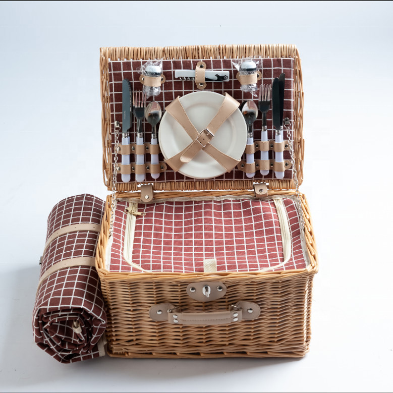 Insulated Willow Picnic Basket with Cooler Bag for 4 People