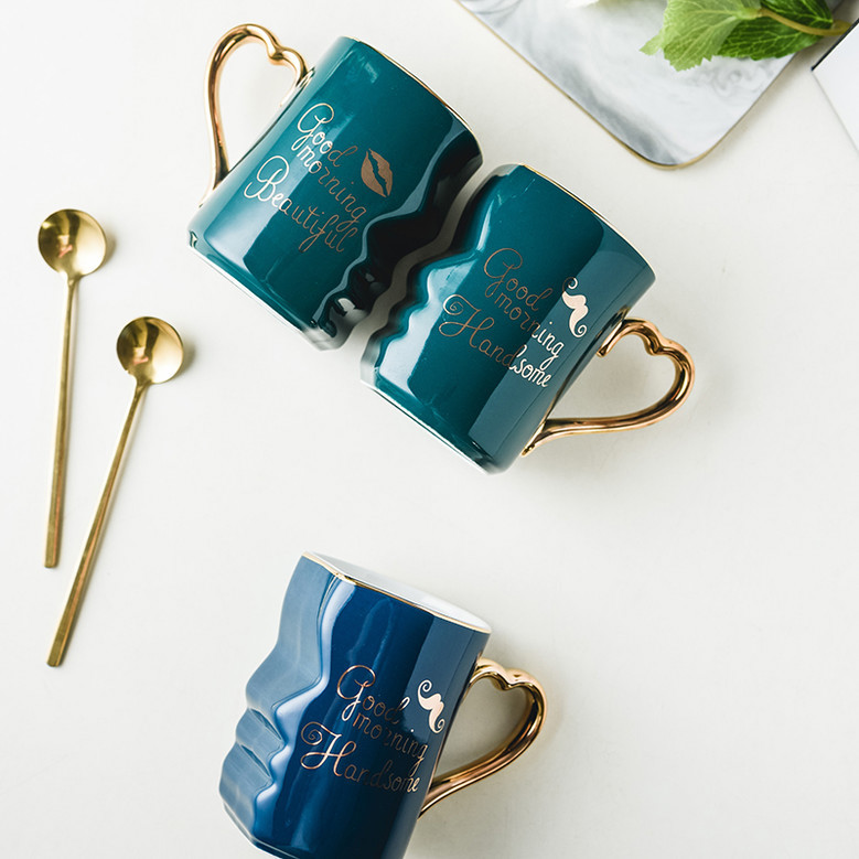 Modern Ceramic Couple Mugs with Heart Saucer Gift Set