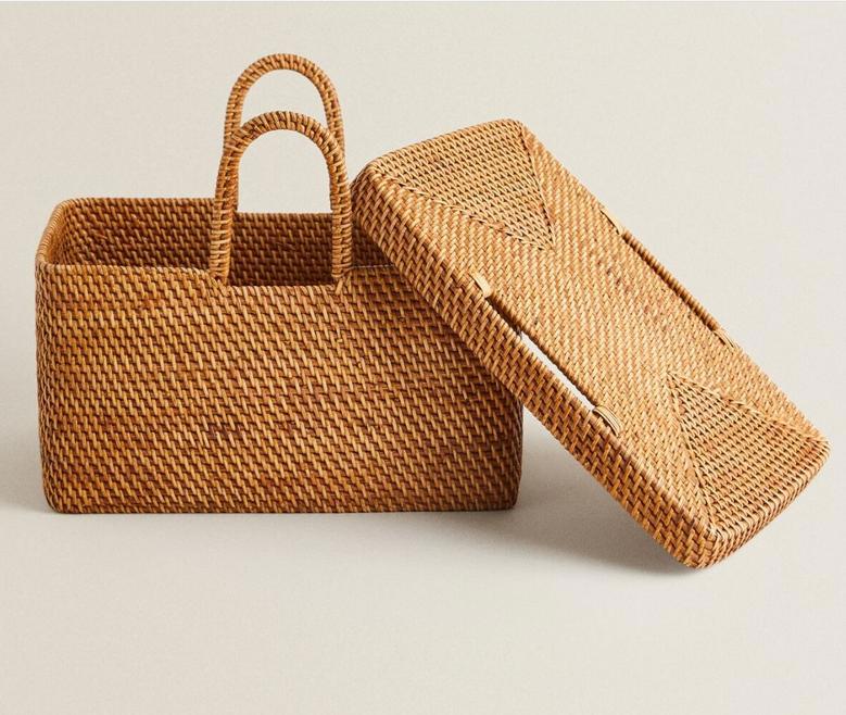 Rectangle Rattan Storage Basket with Lid for Home Organization