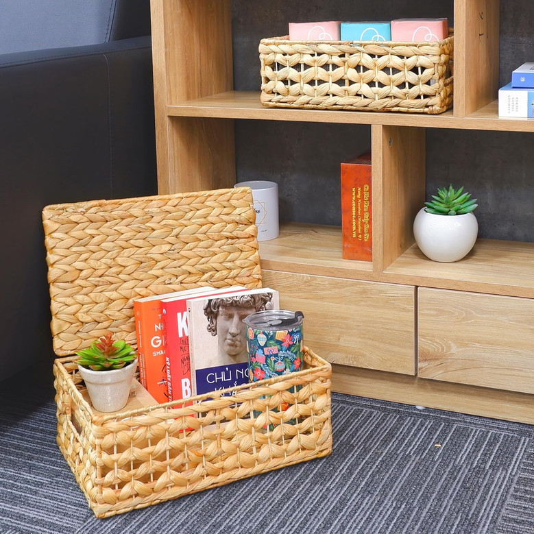 Rectangular Water Hyacinth Baskets with Lids - Multi-Use Rattan Decor