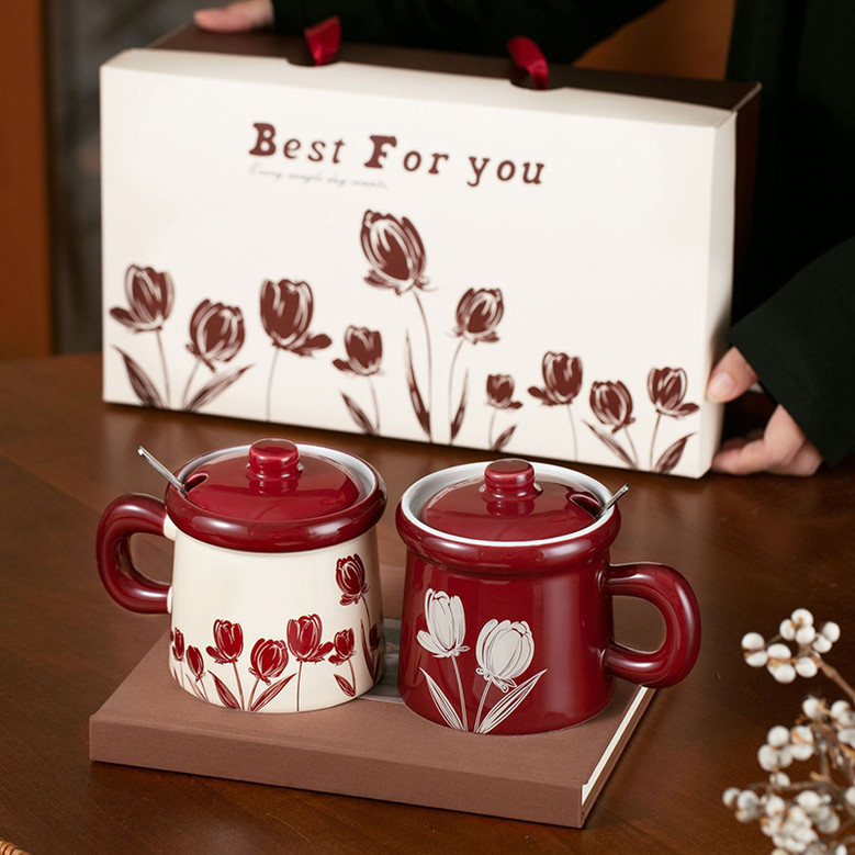 Red Ceramic Coffee Mug - Creative Hand-Painted Red Flower Cup