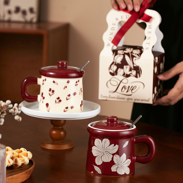 Red Ceramic Coffee Mug - Creative Hand-Painted Red Flower Cup