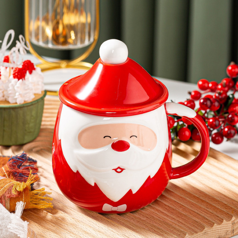 Red Ceramic Coffee Mug with Lid – Cute Santa Claus Christmas Cup