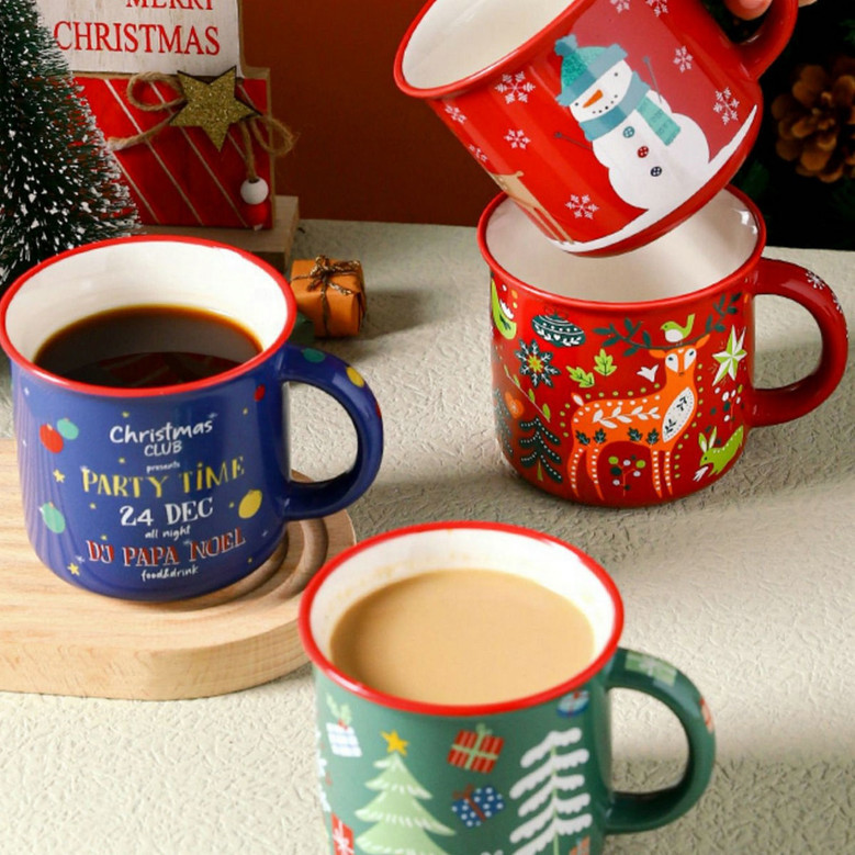 Red Ceramic Coffee Mugs - Nordic Christmas Mug Set in Red & Green