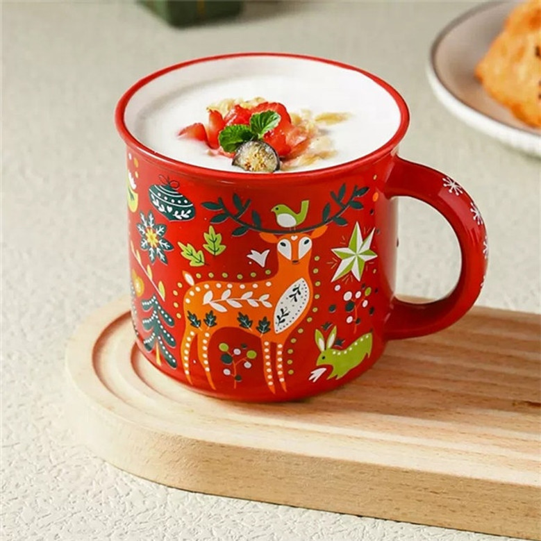 Red Ceramic Coffee Mugs - Nordic Christmas Mug Set in Red & Green