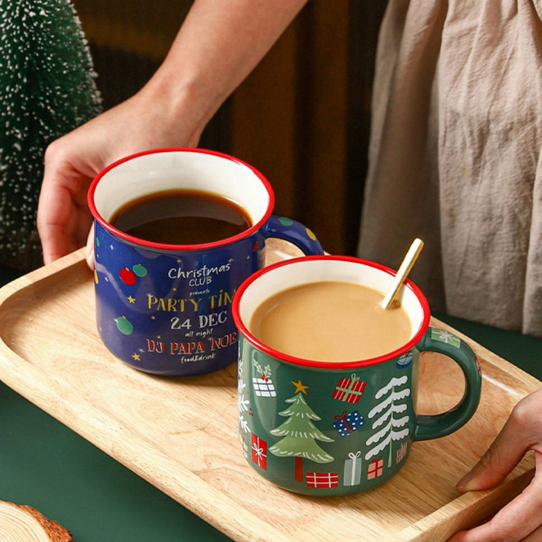 Red Ceramic Coffee Mugs - Nordic Christmas Mug Set in Red & Green