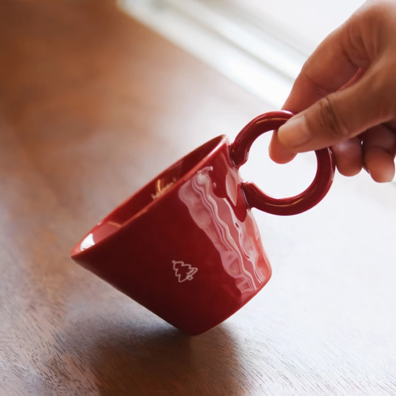 Red Ceramic Coffee Mugs Set – Handmade Festive Christmas Gift