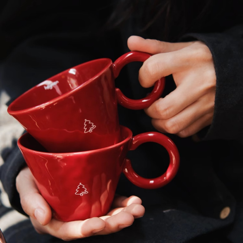 Red Ceramic Coffee Mugs Set – Handmade Festive Christmas Gift