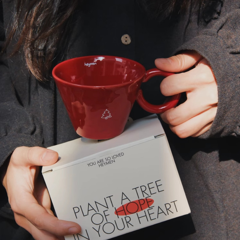 Red Ceramic Coffee Mugs Set – Handmade Festive Christmas Gift