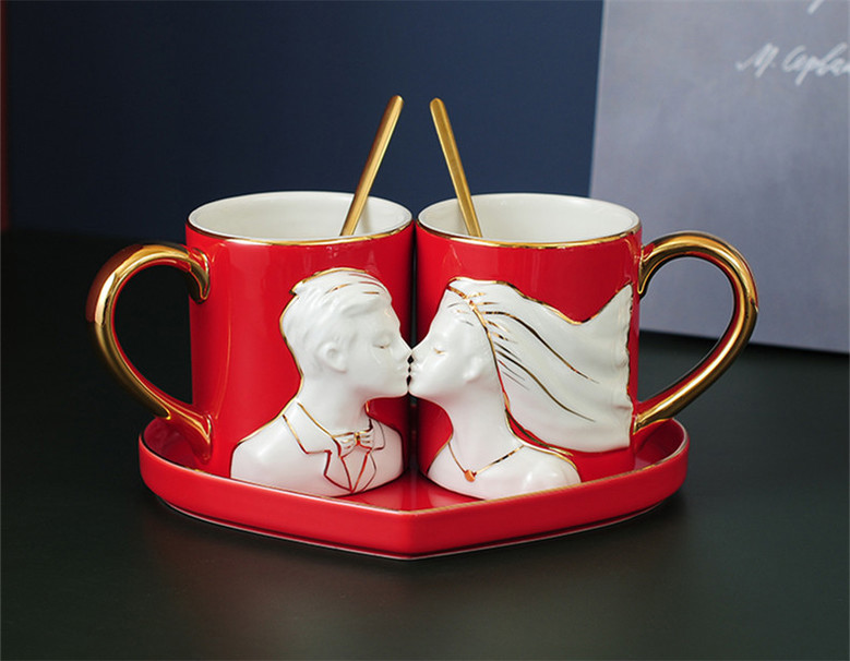 Red Ceramic Couple Mug Set for Wedding Gift with Heart Saucer