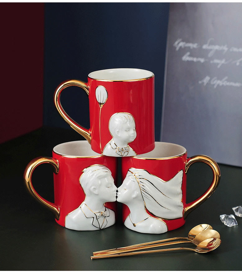 Red Ceramic Couple Mug Set for Wedding Gift with Heart Saucer