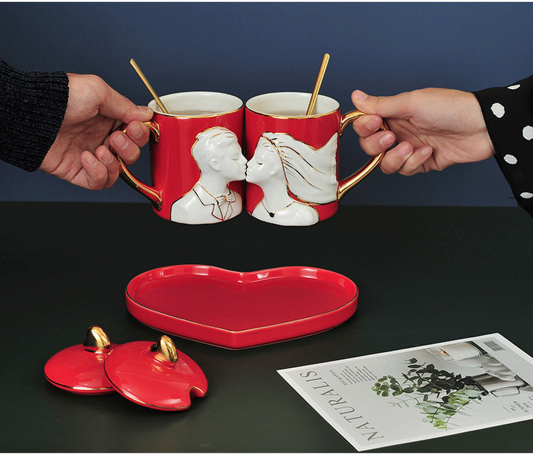 Red Ceramic Couple Mug Set for Wedding Gift with Heart Saucer