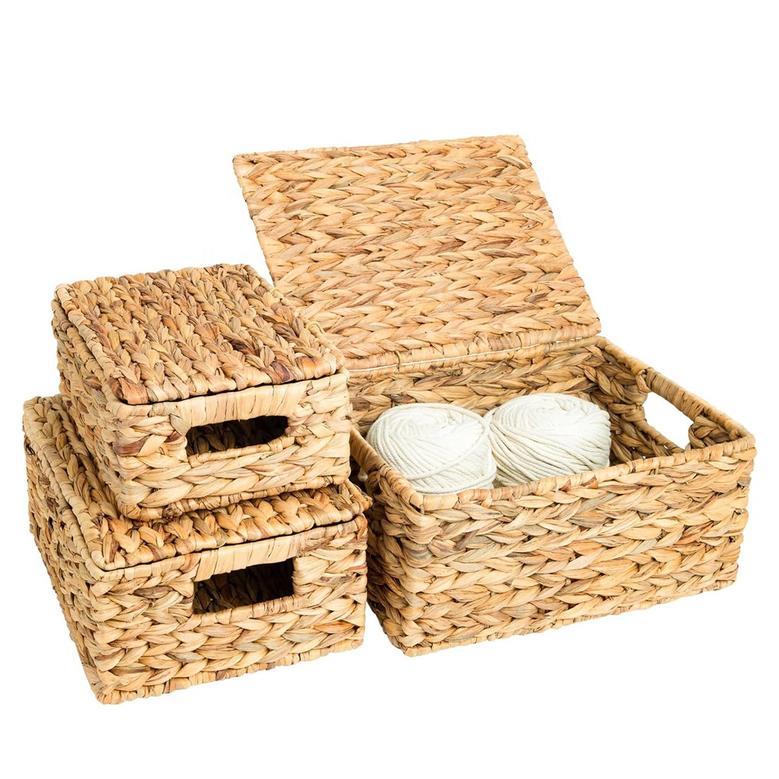 Set of 3 Handwoven Rectangular Rattan Baskets with Lid