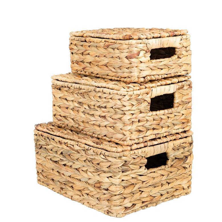 Set of 3 Handwoven Rectangular Rattan Baskets with Lid