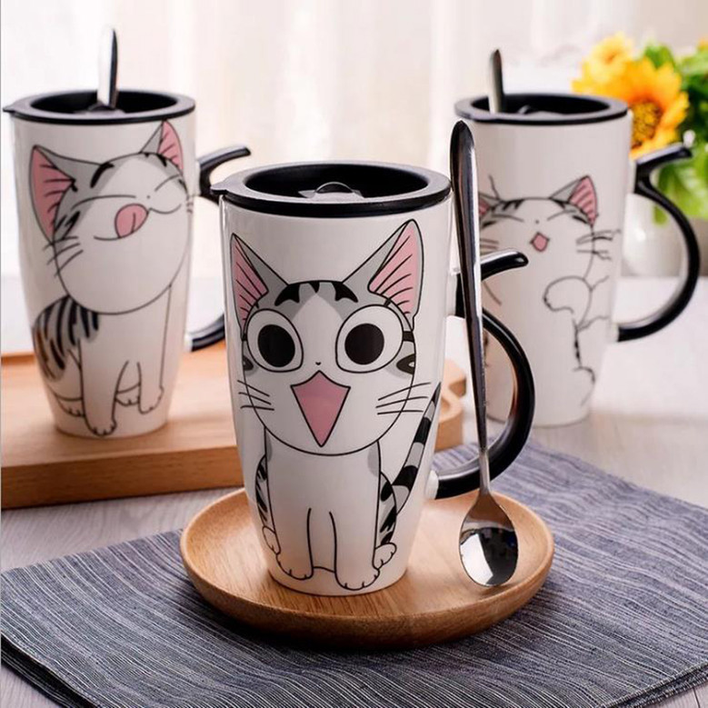 Tall Ceramic Cat Mug with Tail Handle and Silicon Lid