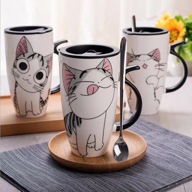 Tall Ceramic Cat Mug with Tail Handle and Silicon Lid