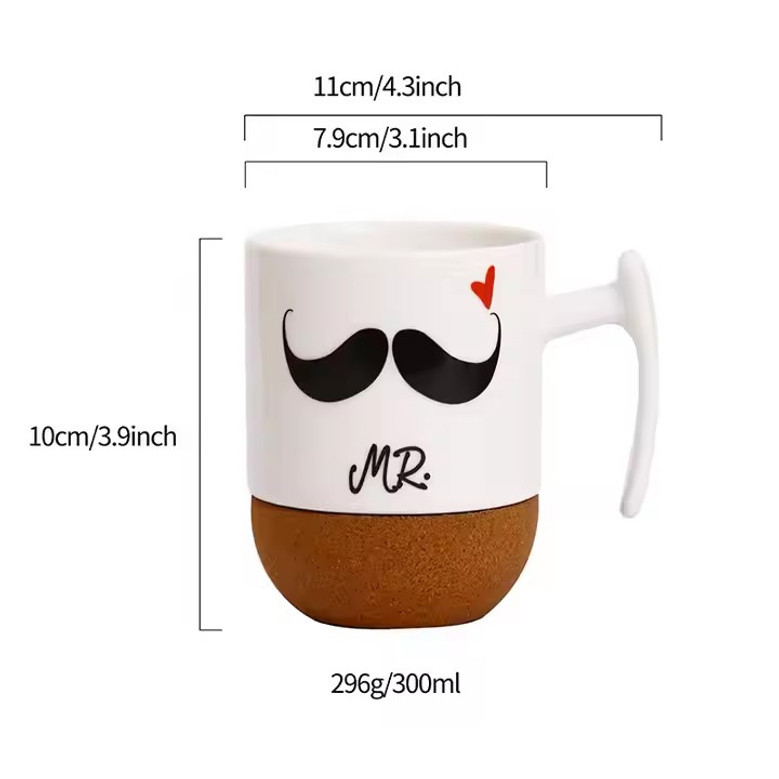 Unique Mustache Coffee Tea Cup with Cork Bottom for Men